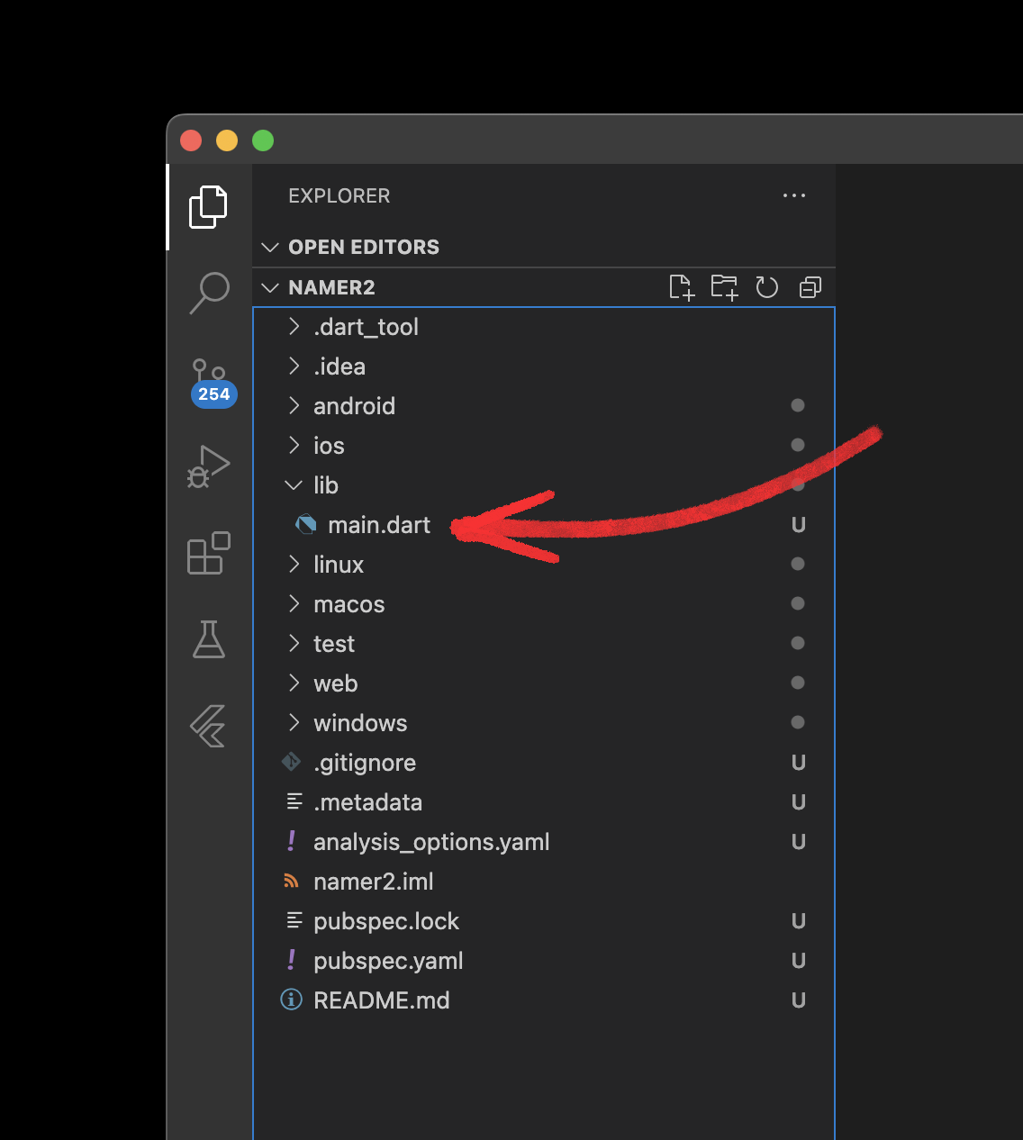 VS Code 的部分螢幕截圖，箭頭指向 main.dart 檔案的位置