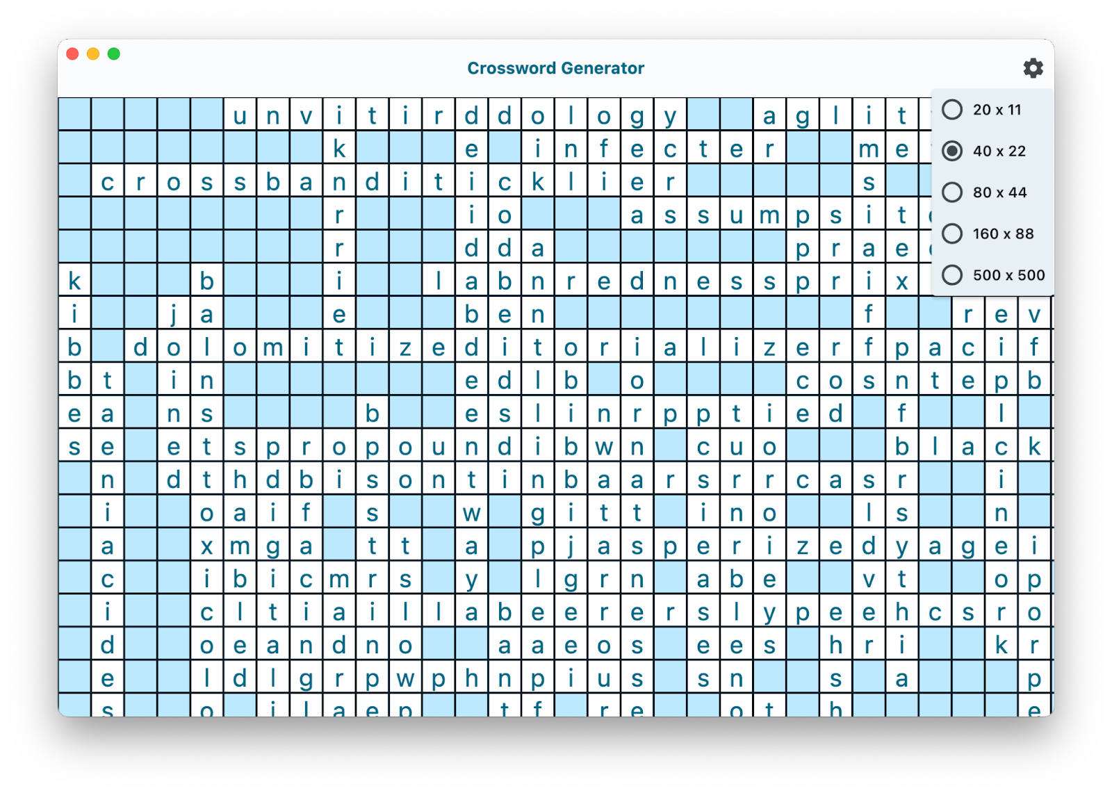 หน้าต่างแอปที่มีชื่อว่า Crossword Generator และตารางอักขระที่วางเป็นคำทับซ้อนกันโดยไม่มีคำคล้องจองหรือเหตุผล