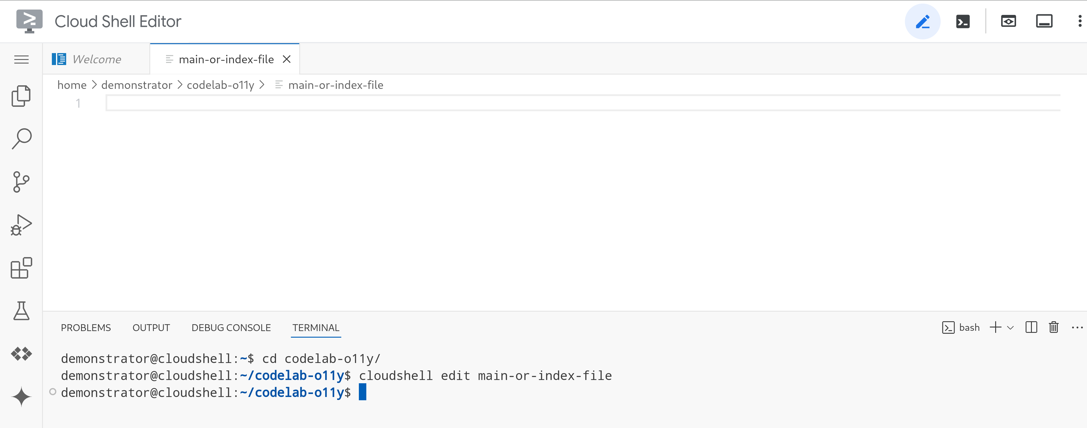 開始編輯 main.py 後顯示 Cloud Shell 編輯器