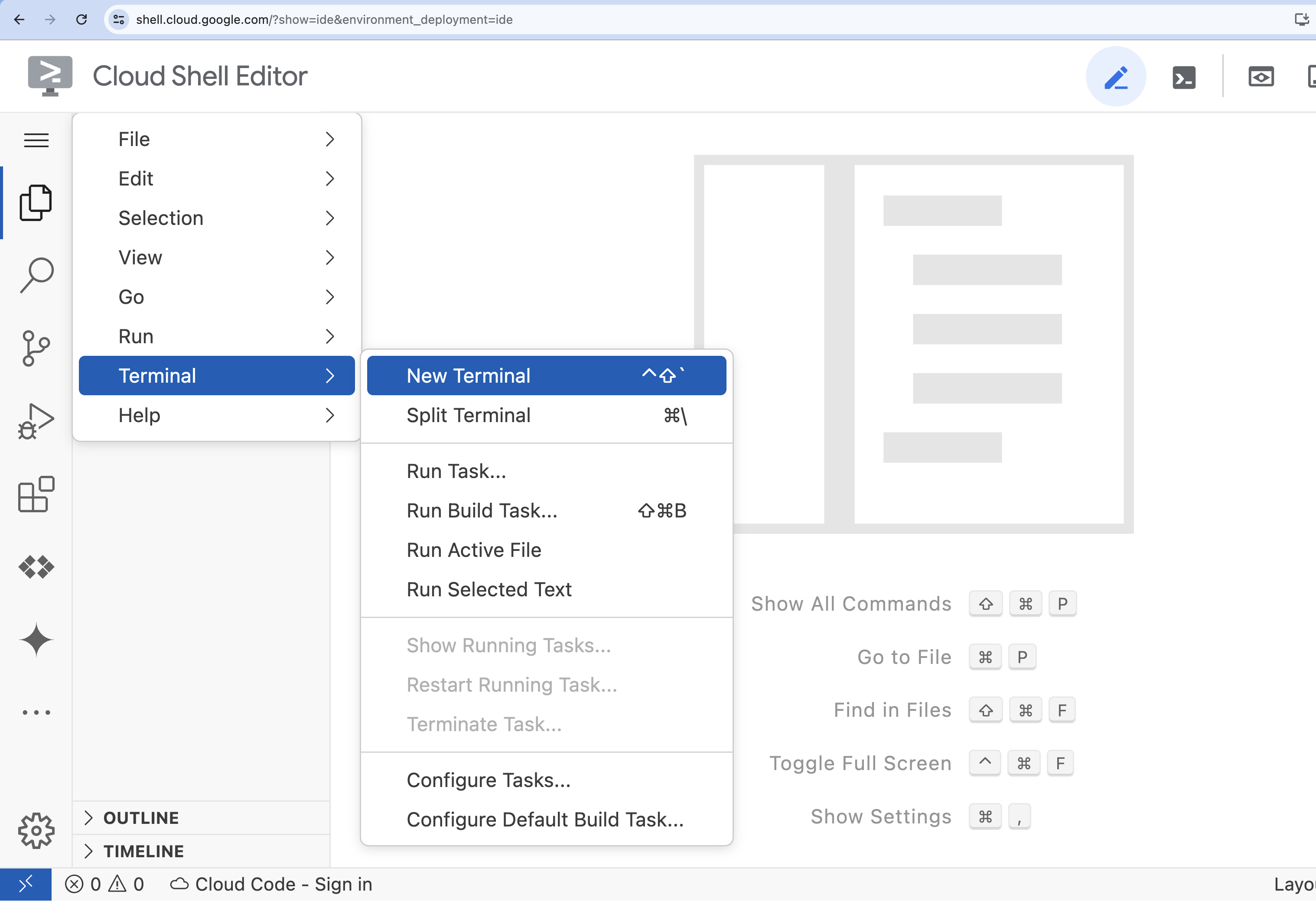 Aprire un nuovo terminale nell&#39;editor di Cloud Shell