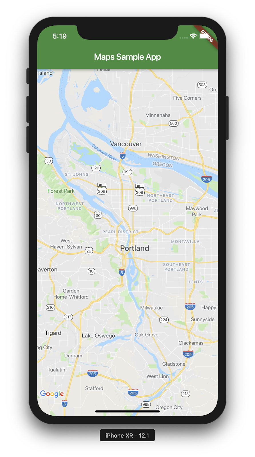 Zrzut ekranu aplikacji Flutter z Mapą Google uruchomioną w symulatorze iPhone&#39;a