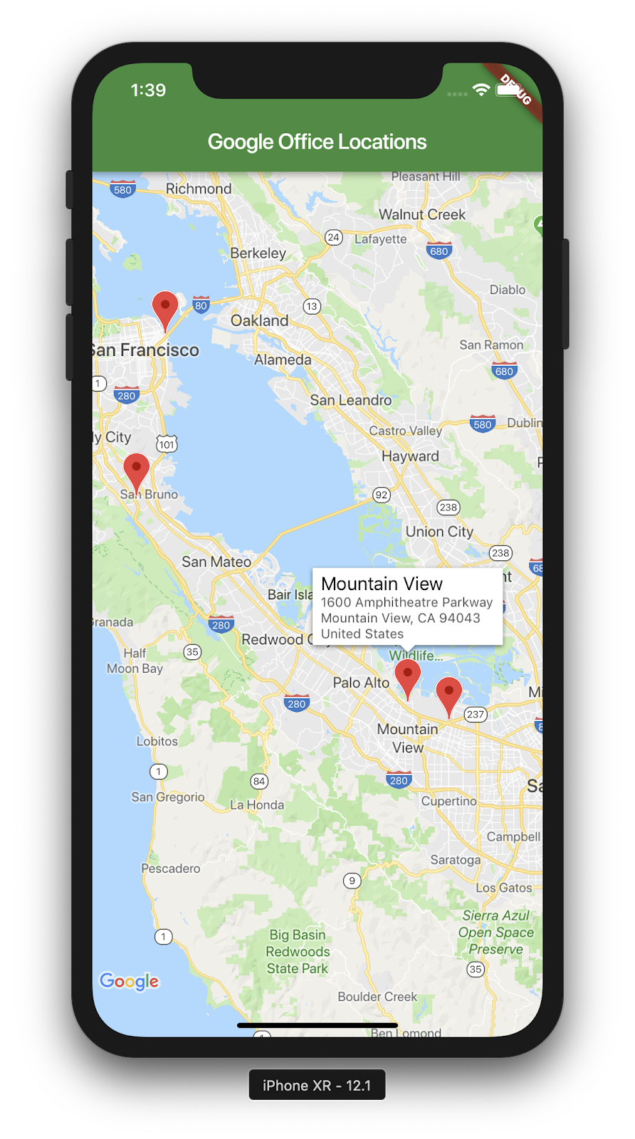 Screenshot der Flutter-App auf einem iPhone-Simulator, auf dem Google Maps ausgeführt wird und Mountain View hervorgehoben