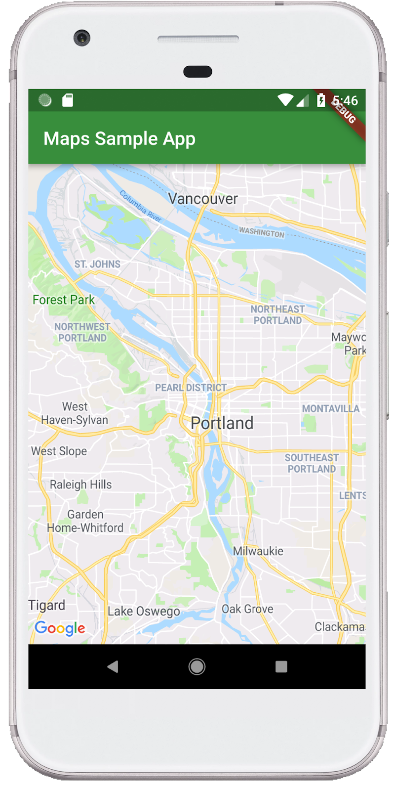 Ein Screenshot einer Flutter-App mit einer Google Maps-Karte, die in einem Android-Emulator ausgeführt wird