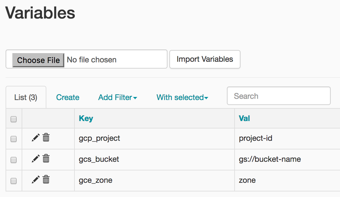 Tab daftar dipilih dan menampilkan tabel dengan kunci dan nilai berikut kunci: gcp_project, value: project-id key: gcs_bucket, value: gs://bucket-name key: gce_zone, value: zone