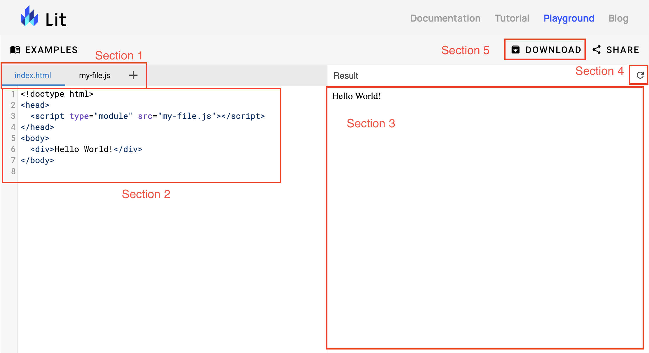 The file selector tab bar is labeled Section 1, The code editing section as Section 2, the output preview as Section 3, and the preview reload button as Section 4