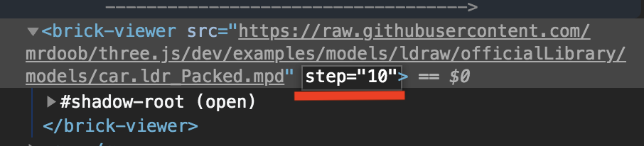 HTML code of a brick-viewer element, with a step attribute set to 10.