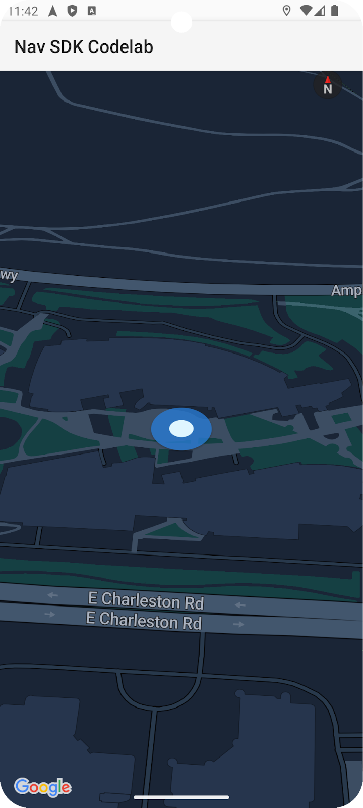 Vista del mapa de la app de Navegación que muestra la oficina de Google en Mountain View, California.