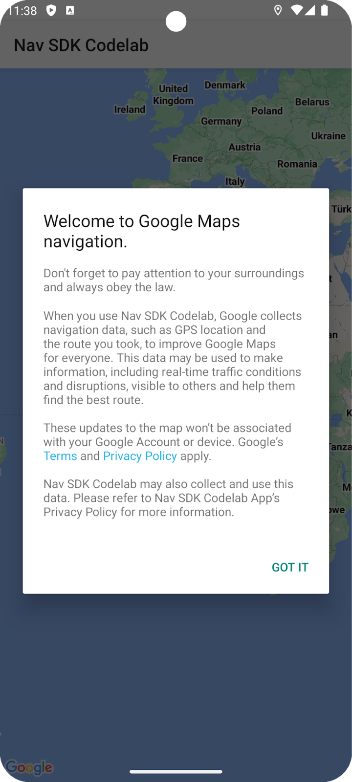 The Navigation SDK end user terms dialog.