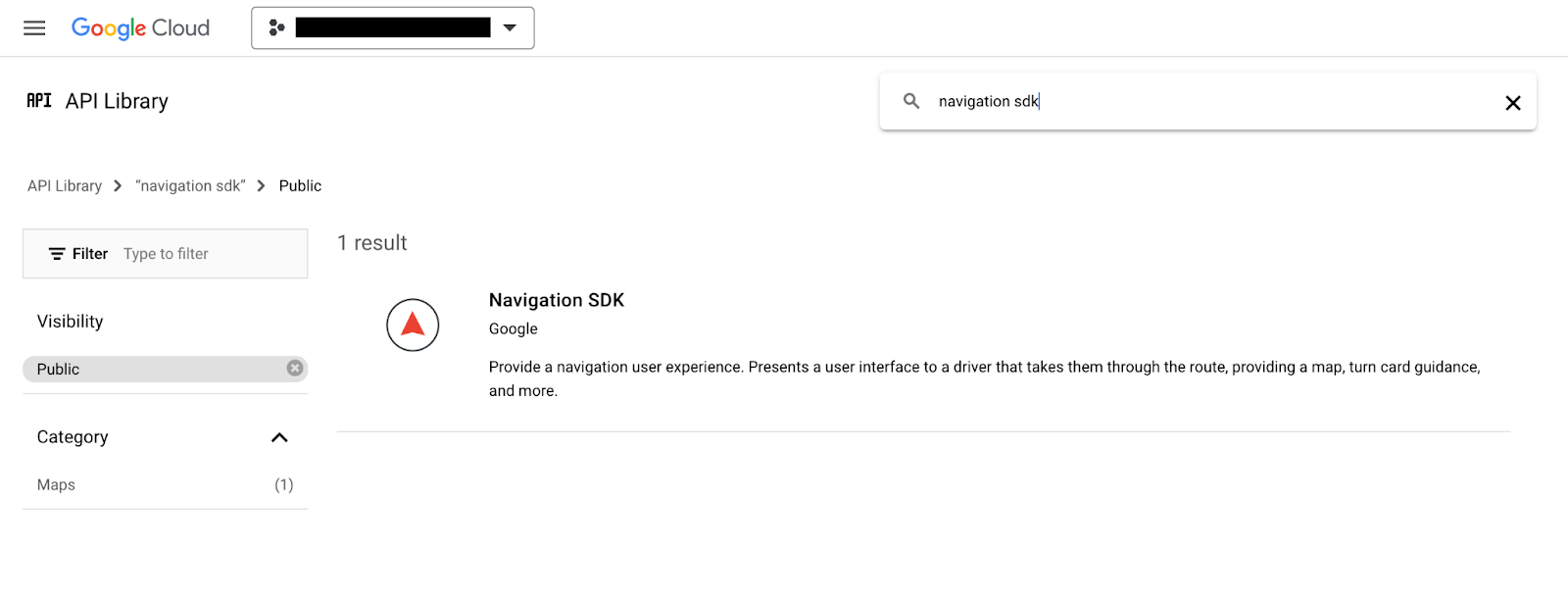 Экран библиотеки API в консоли Google Cloud, на котором показана страница Navigation SDK.