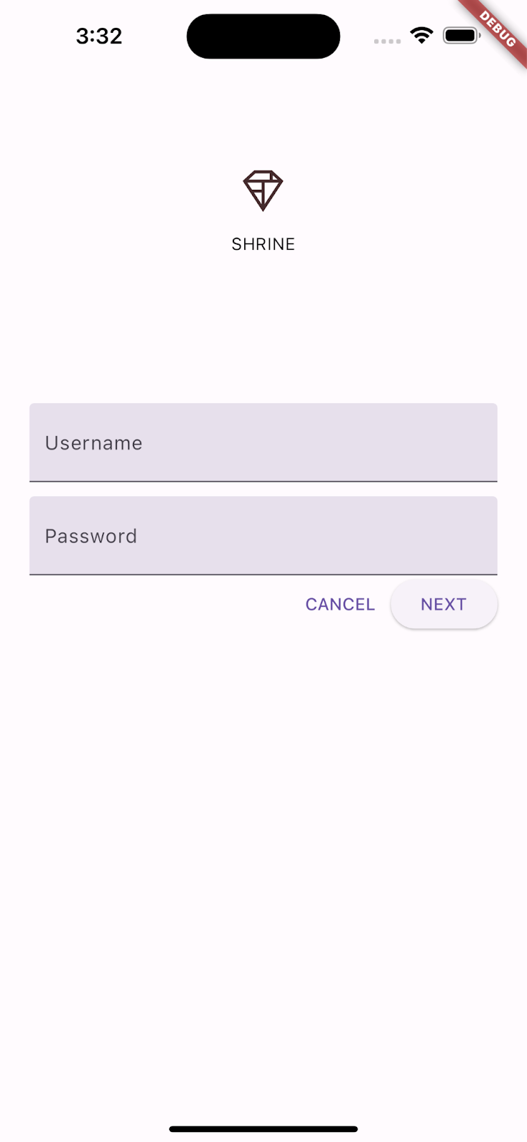 Shrine login page on iOS