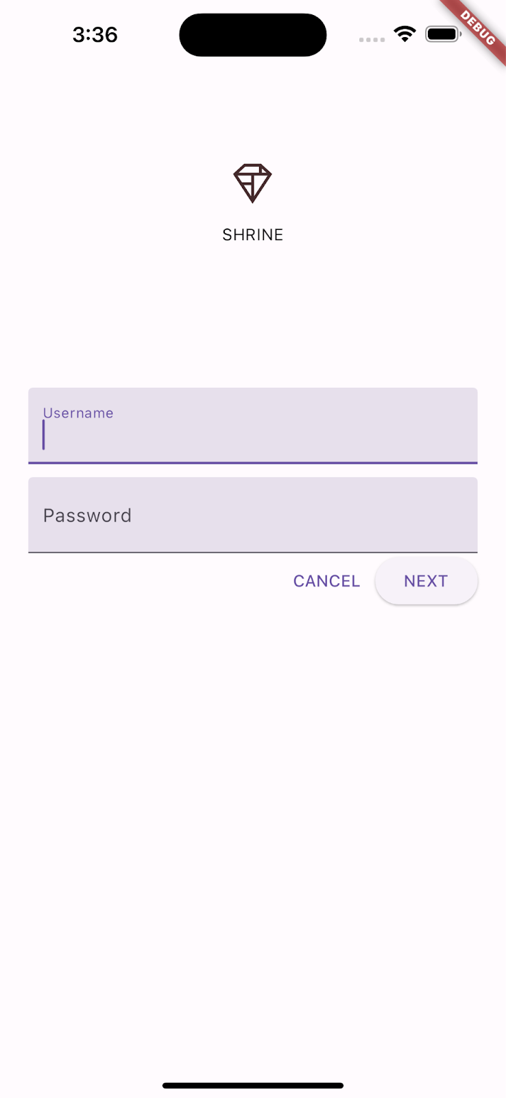 Shrine logo with username and password fields, cancel and next buttons