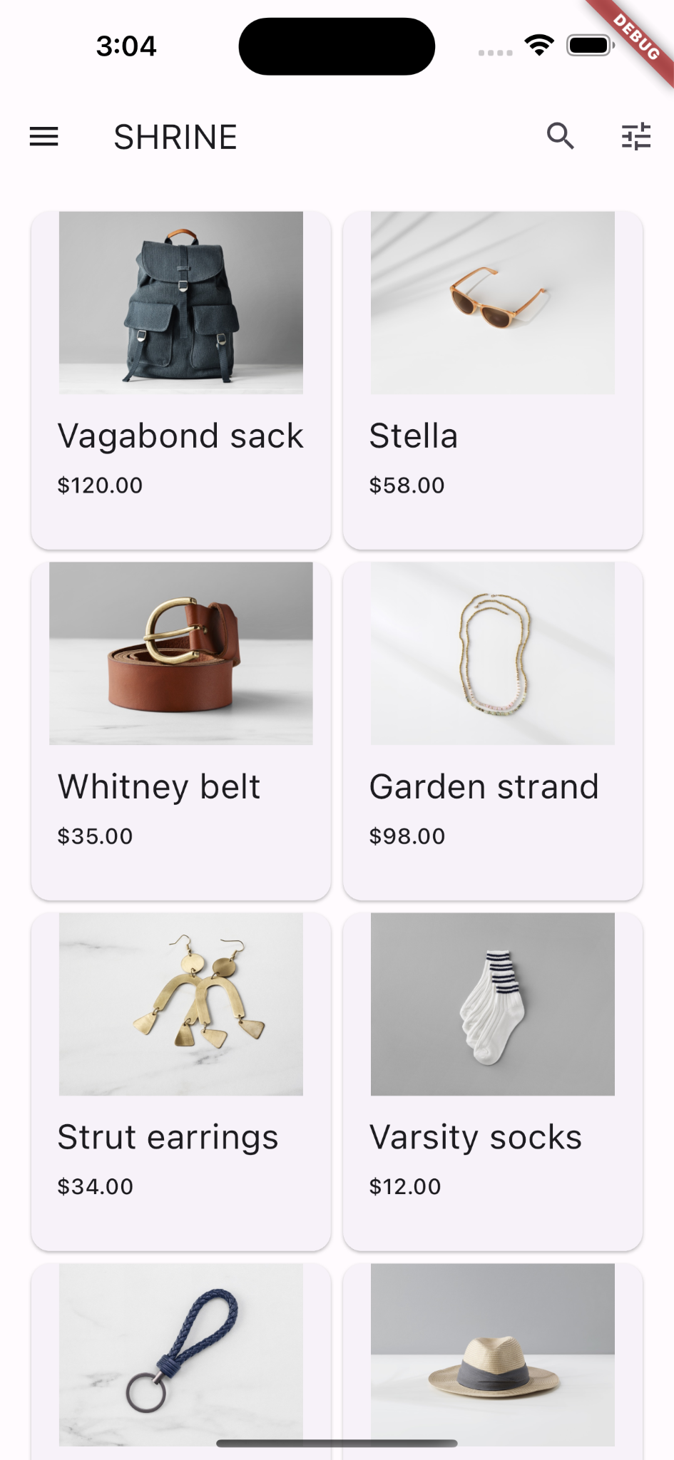 a grid of items with an image, product title, and price