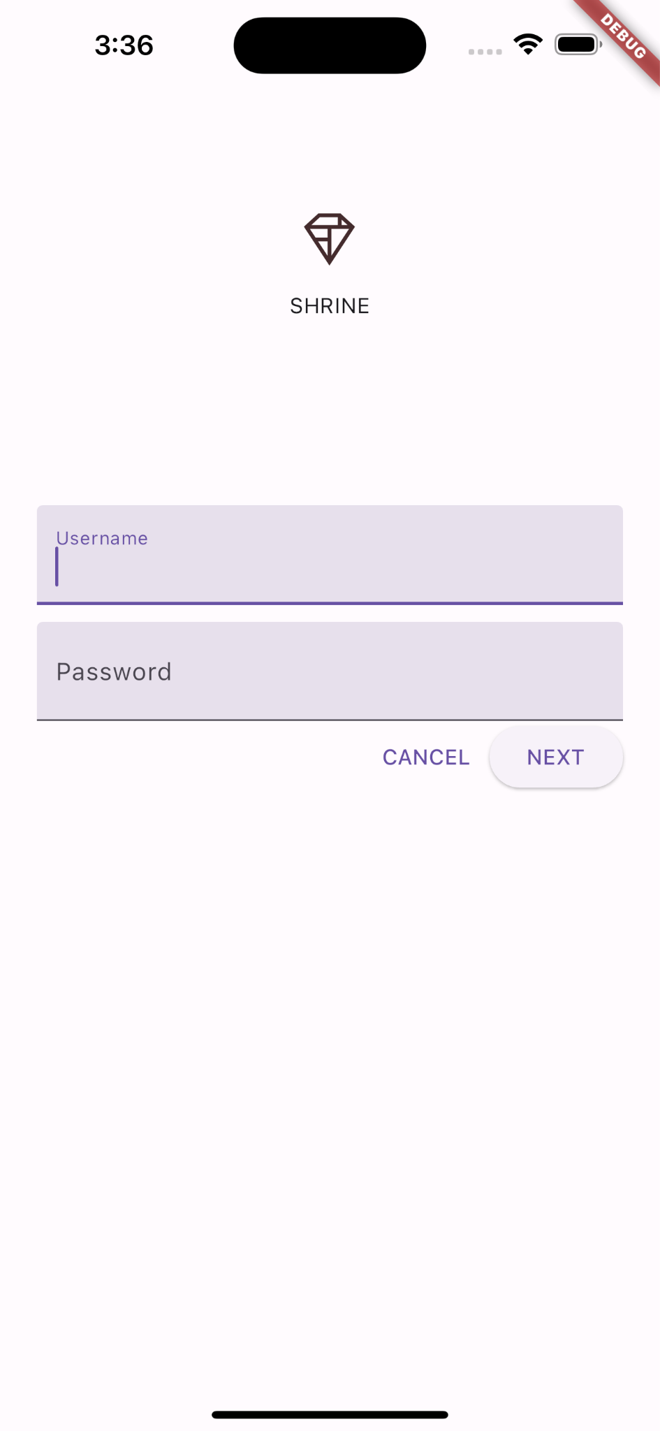 login page with username and password fields, cancel and next buttons