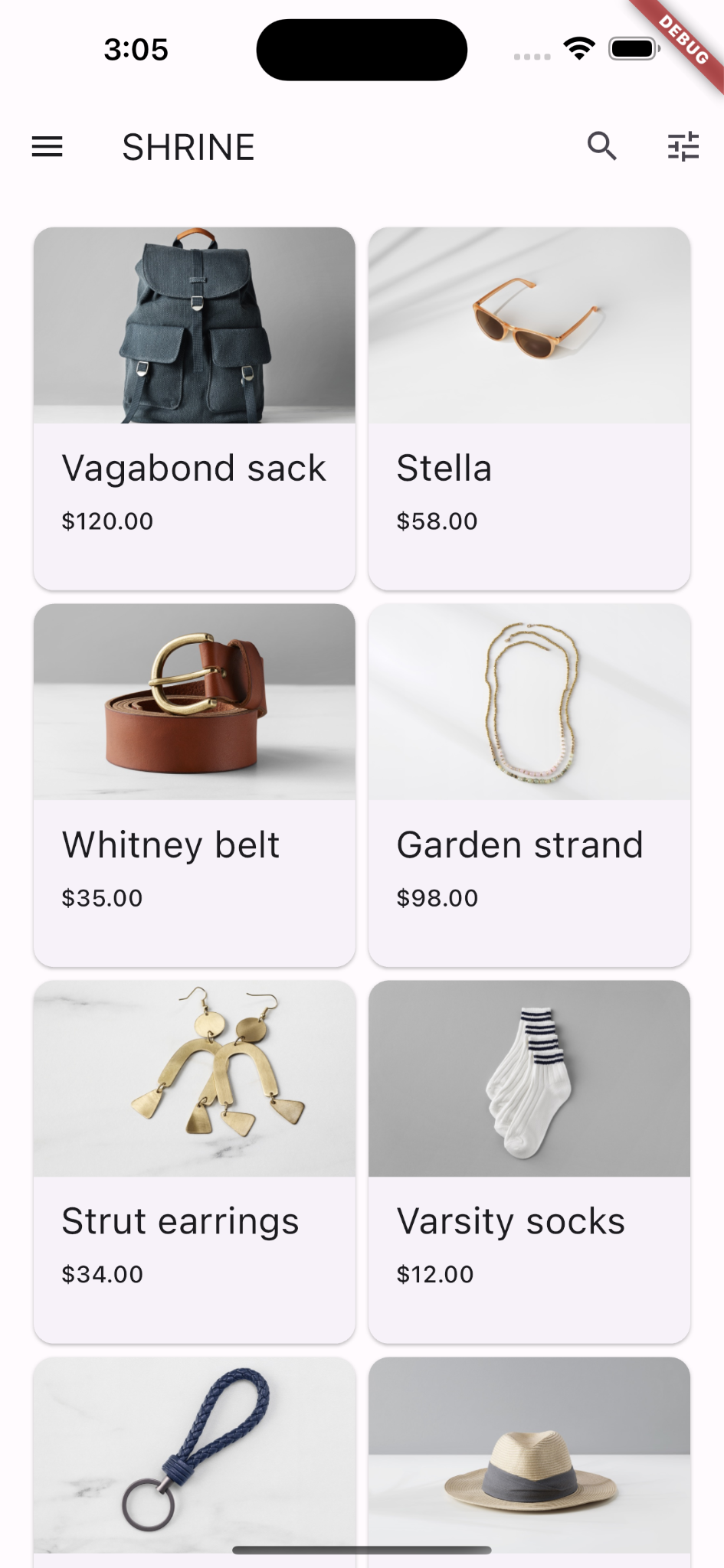 e-commerce app with a top app bar and a grid full of products