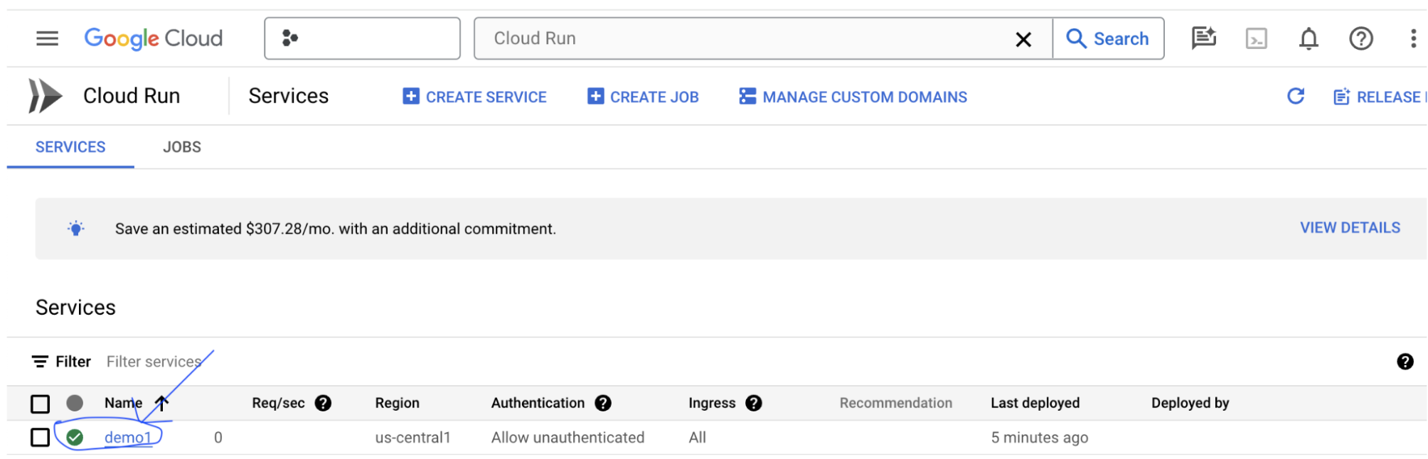 รายการ Cloud Run ใน Google Cloud Console