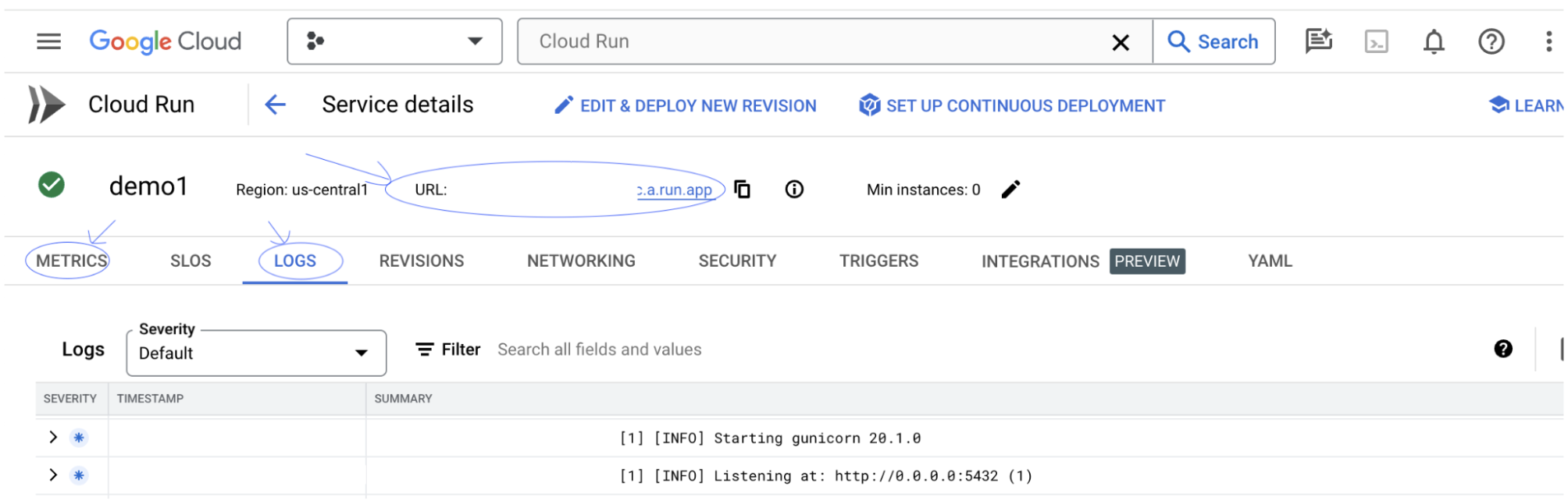 Google Cloud 控制台 Cloud Run 記錄