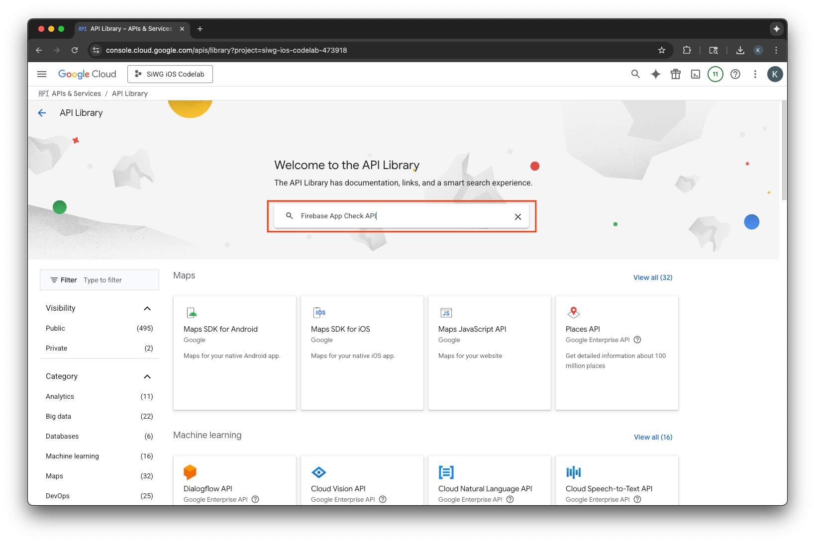 Google Cloud Console API library page