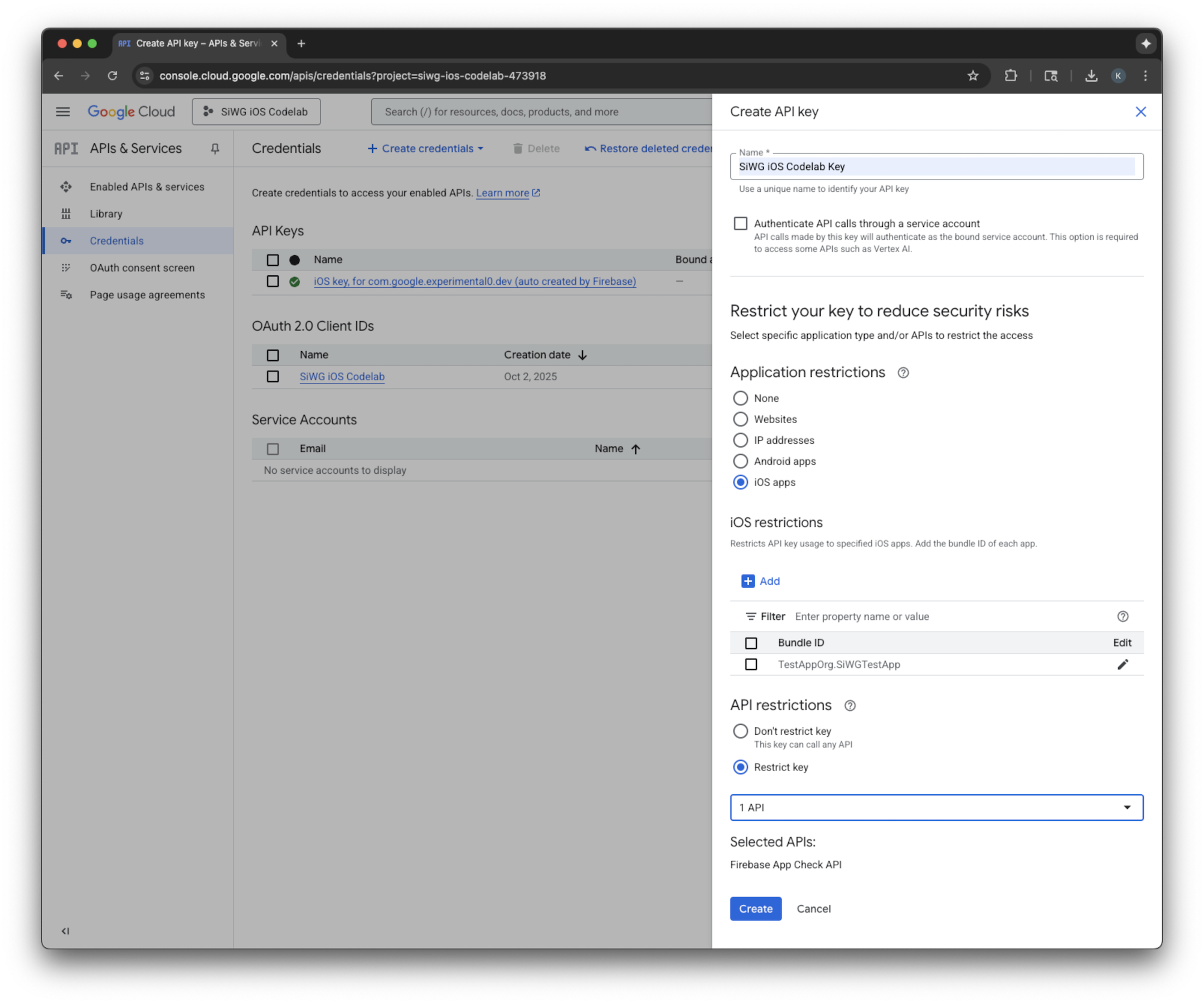 Google Cloud Console API key creation page
