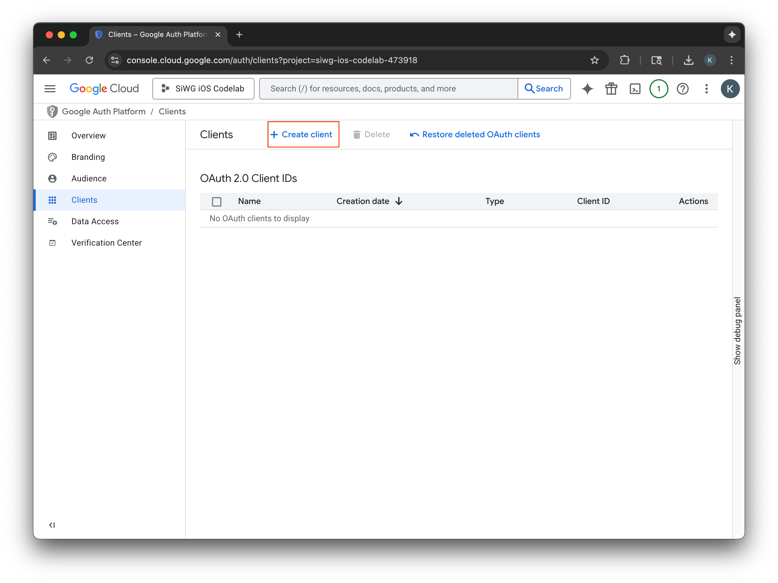Google CLoud project clients page