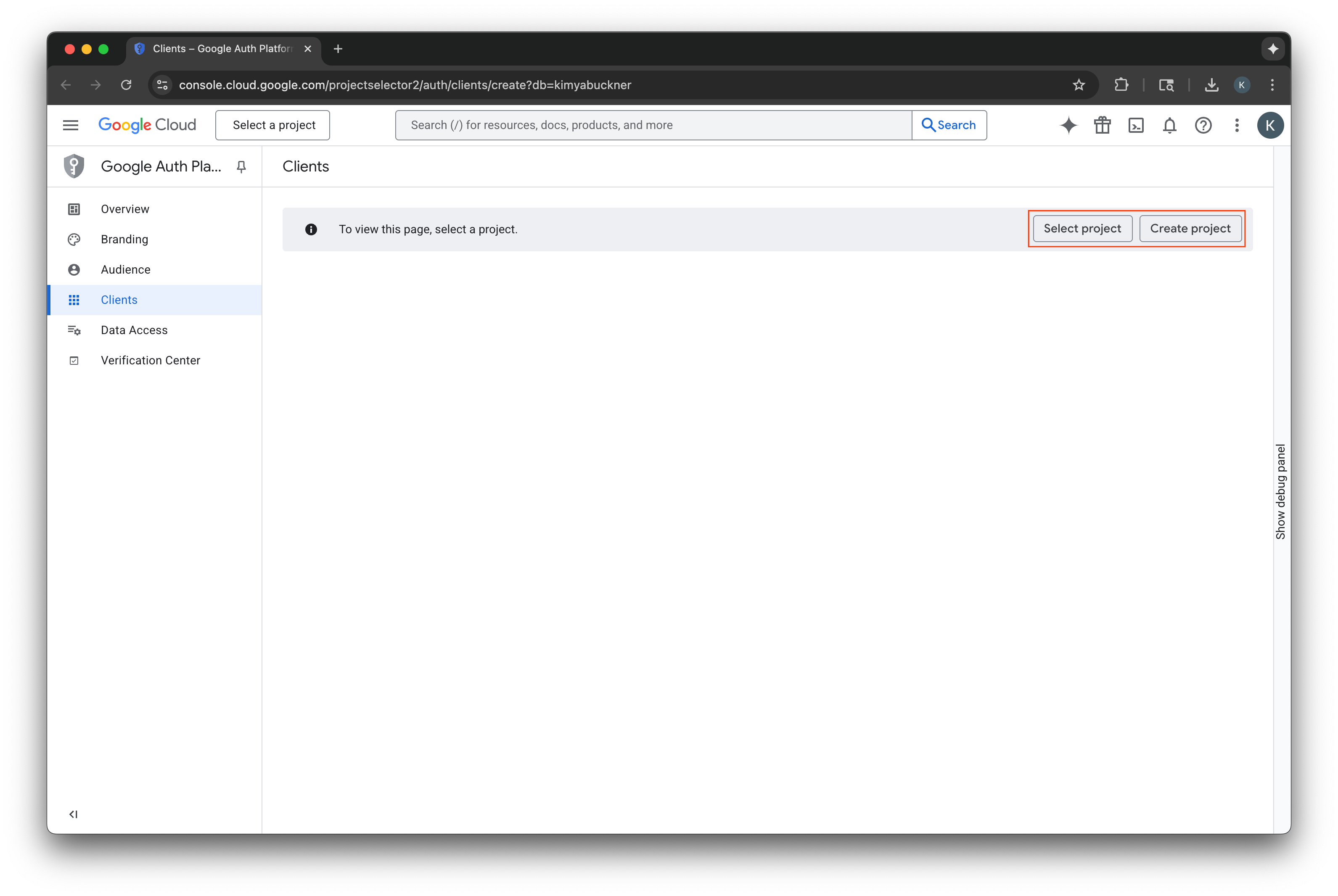 Google Cloud Console project selector page
