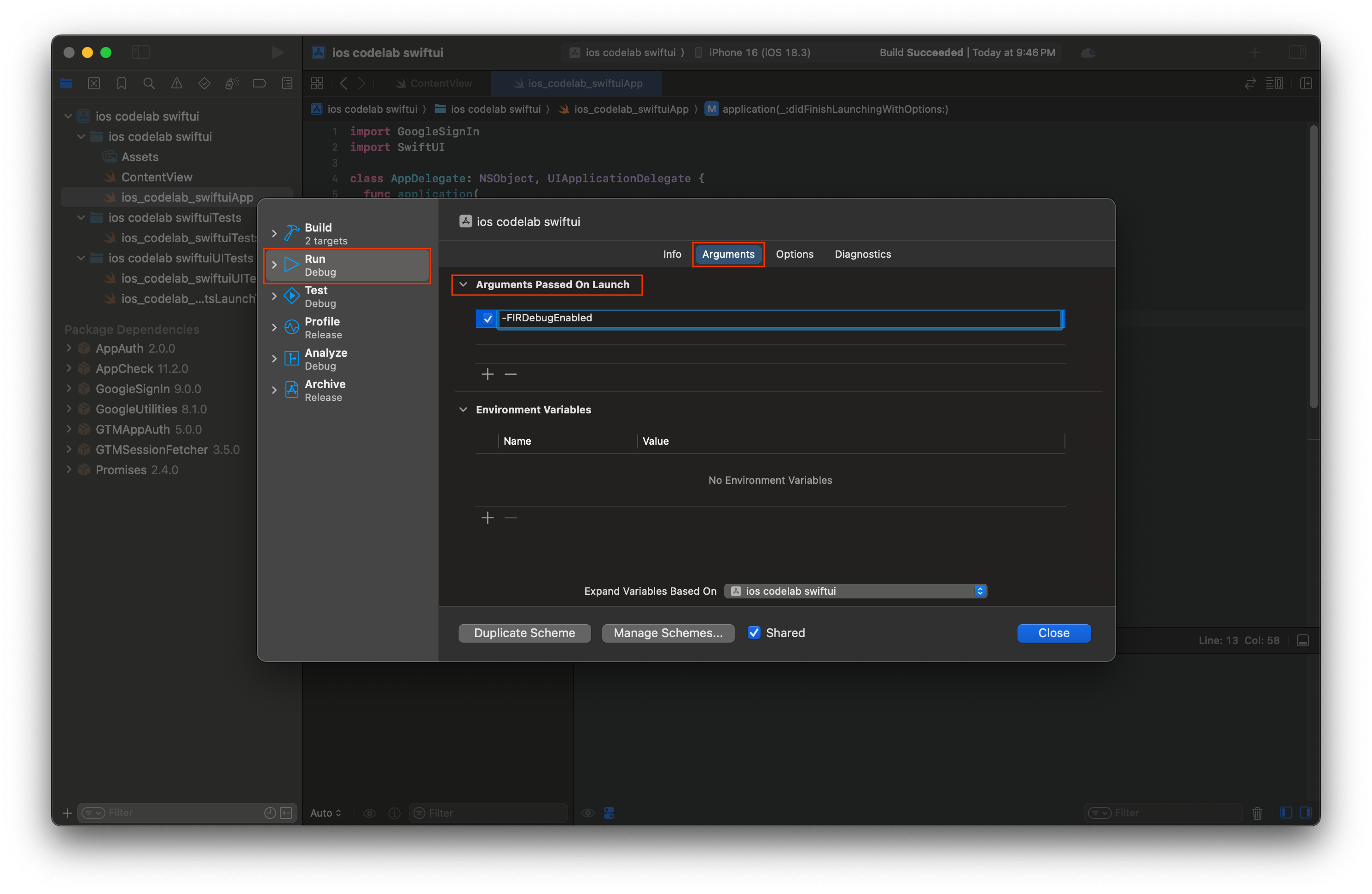 Xcode arguments editor page