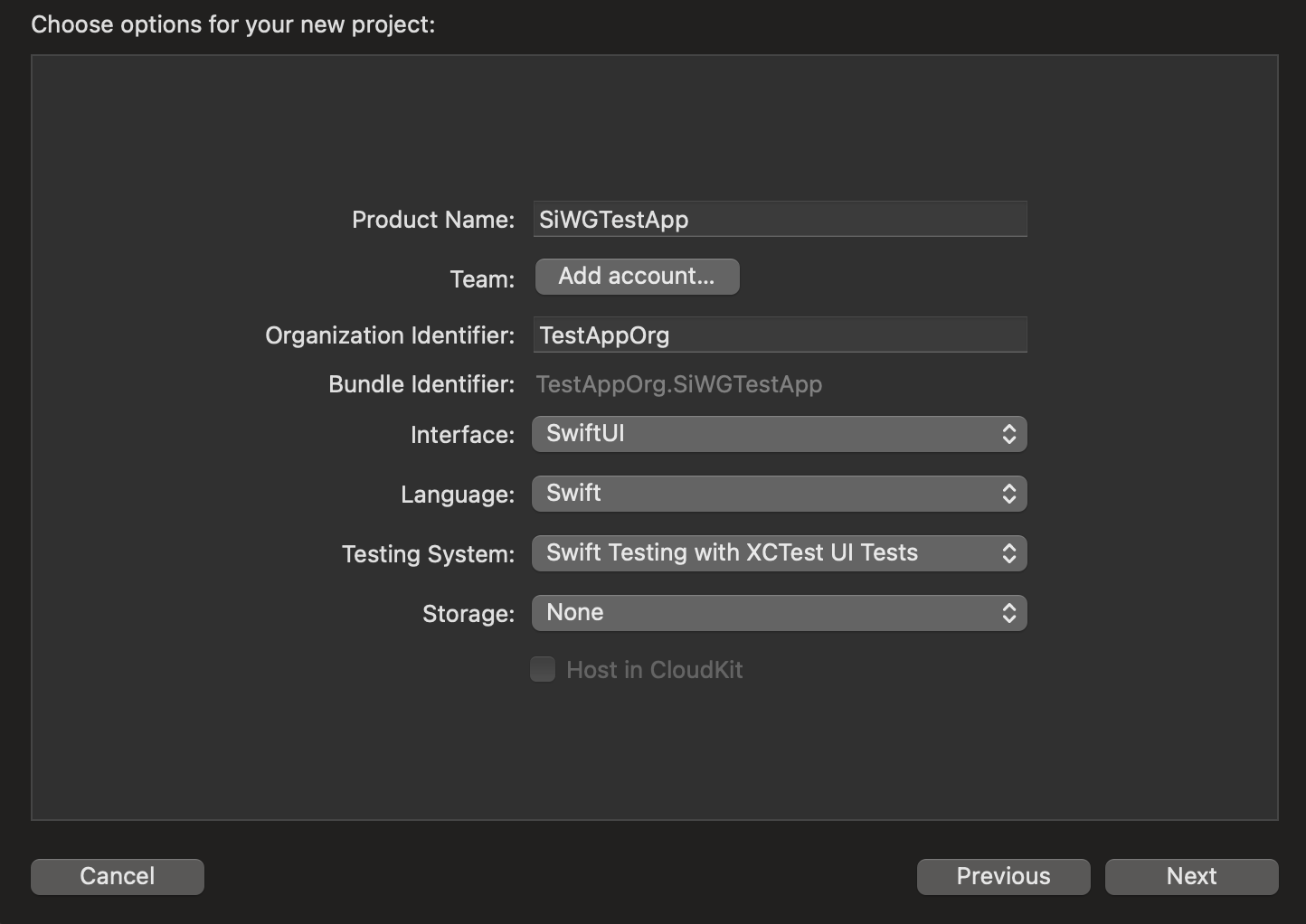 หน้าตัวเลือกโปรเจ็กต์ Xcode