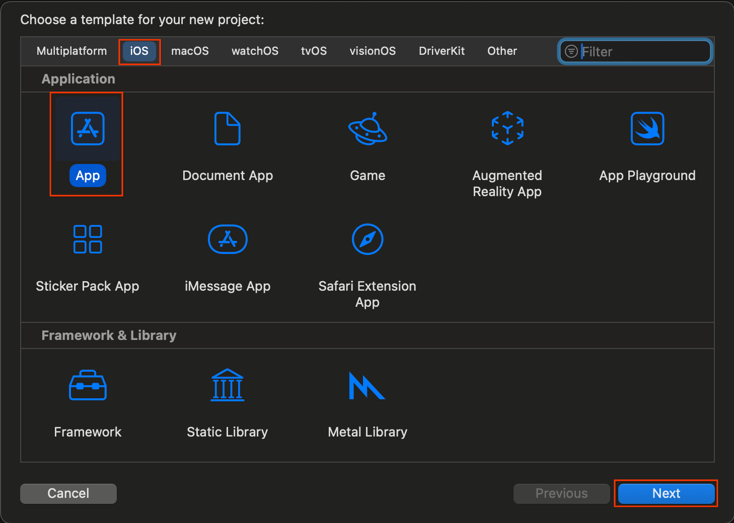 หน้าเทมเพลตการสร้างโปรเจ็กต์ Xcode