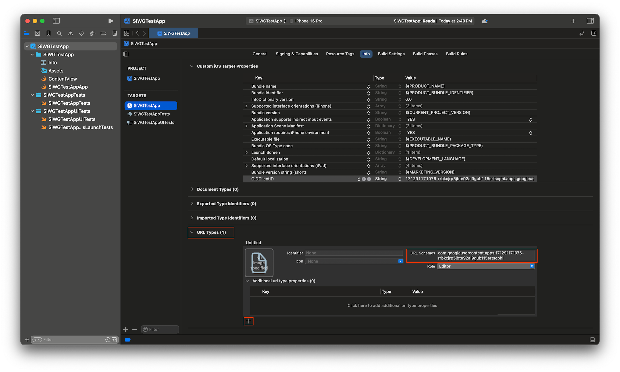 Add URLSchemes key to main application target