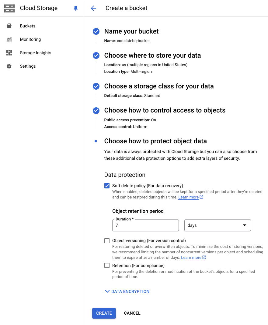 Configuración de creación de Cloud Storage.