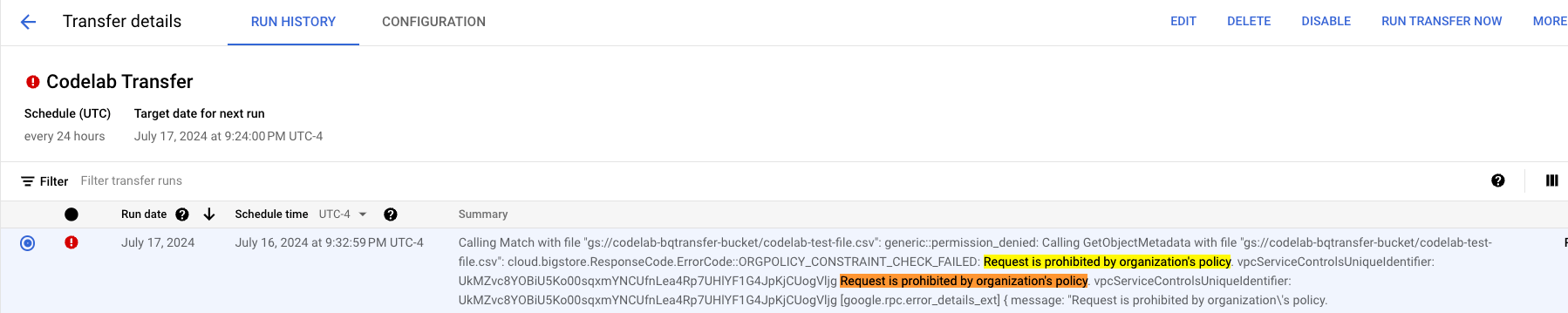 VPC SC violation for copying BigQuery dataset.