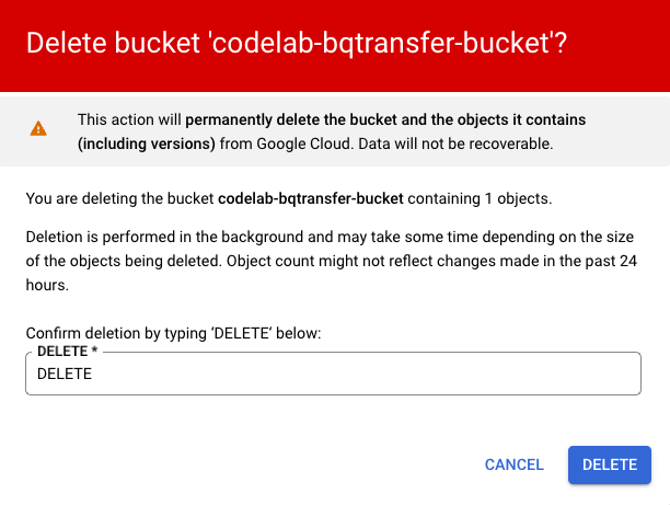 Exclusão do bucket do Cloud Storage.