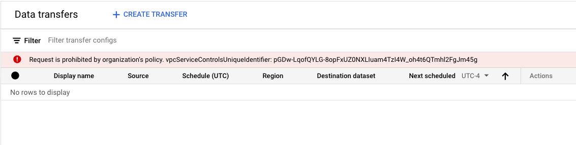 Violazione dei Controlli di servizio VPC nella pagina di Data Transfer Service.