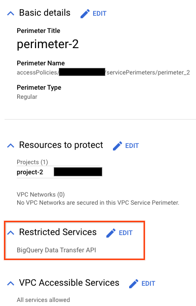 Configurações do VPC SC que protegem o serviço de transferência de dados.