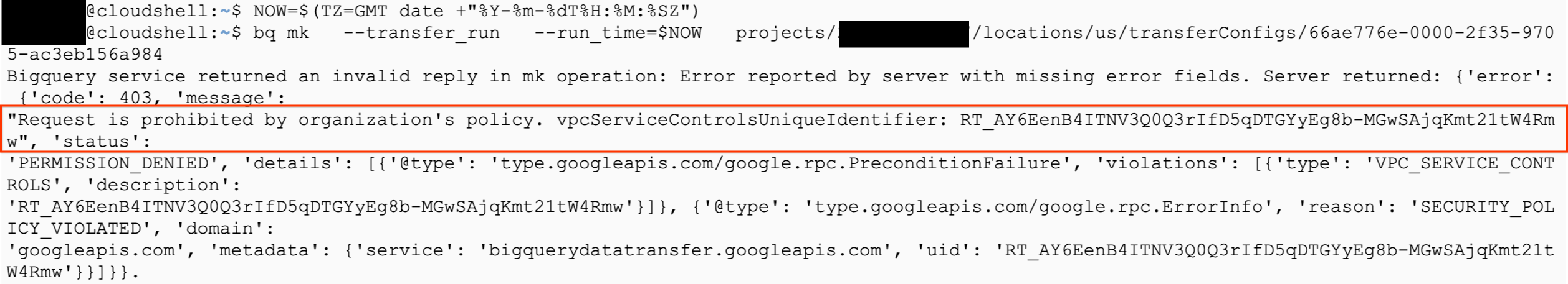 Incumplimiento de VPC SC desde una dirección IP no permitida