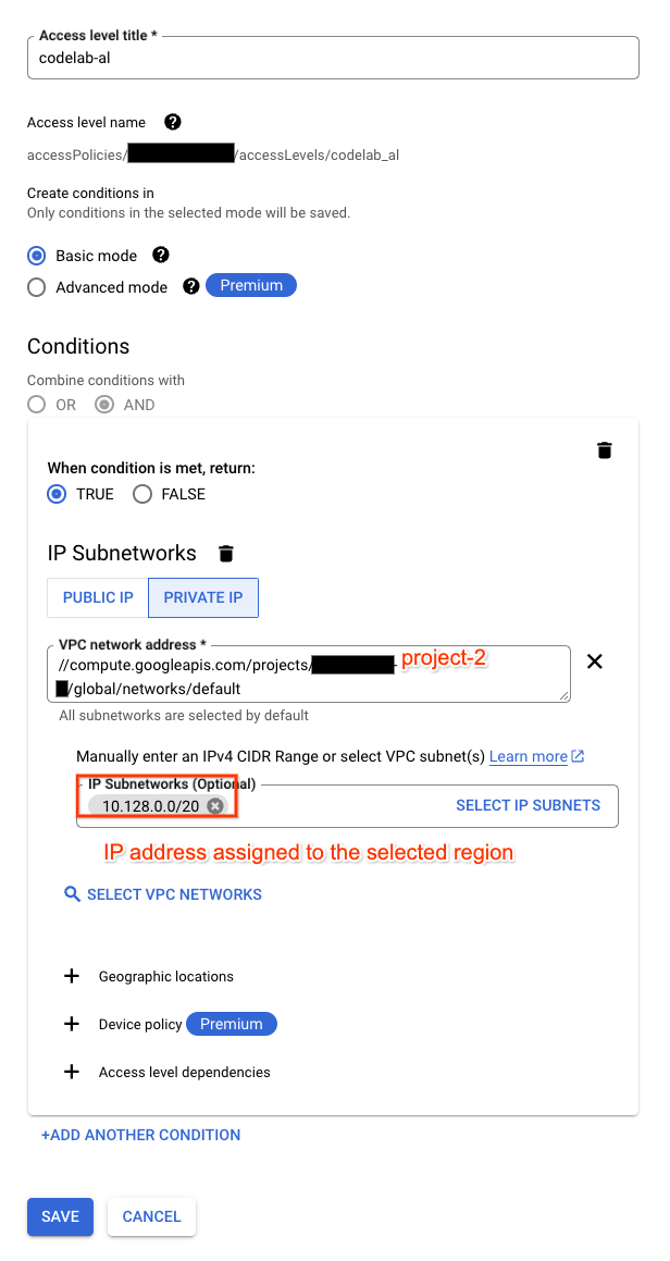 Nivel de acceso configurado con subredes de IP