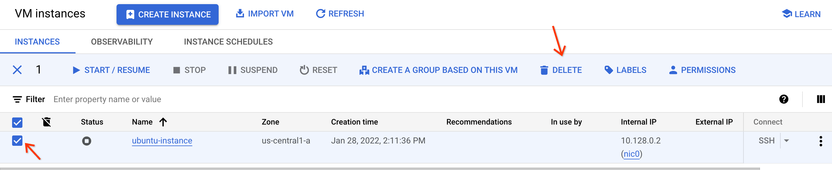 Suppression de l'instance Compute Engine.