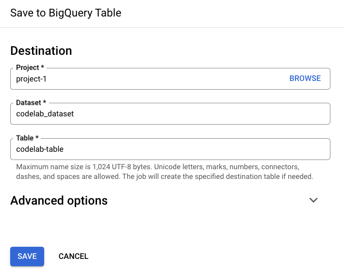 Elige el proyecto de destino mientras se guardan los resultados de BigQuery.