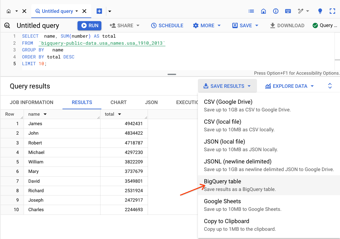 Save BigQuery results.