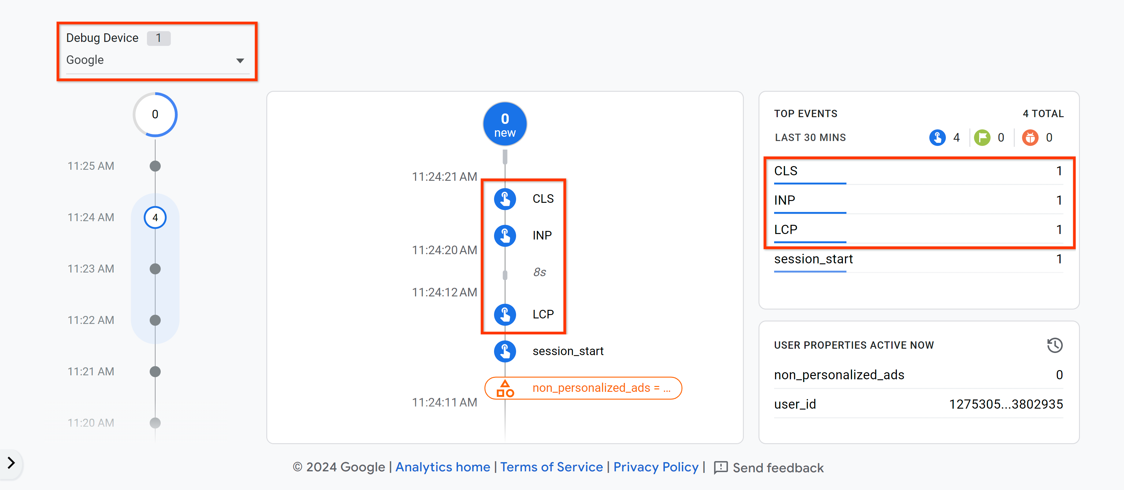 Memeriksa data yang masuk di laporan tampilan debug GA4.