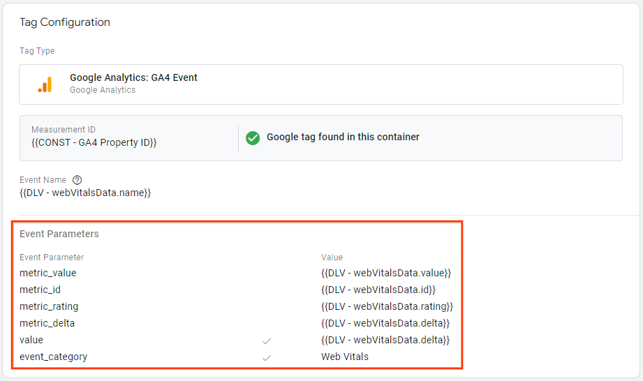 Configuration of event parameters in the GA4 tag.