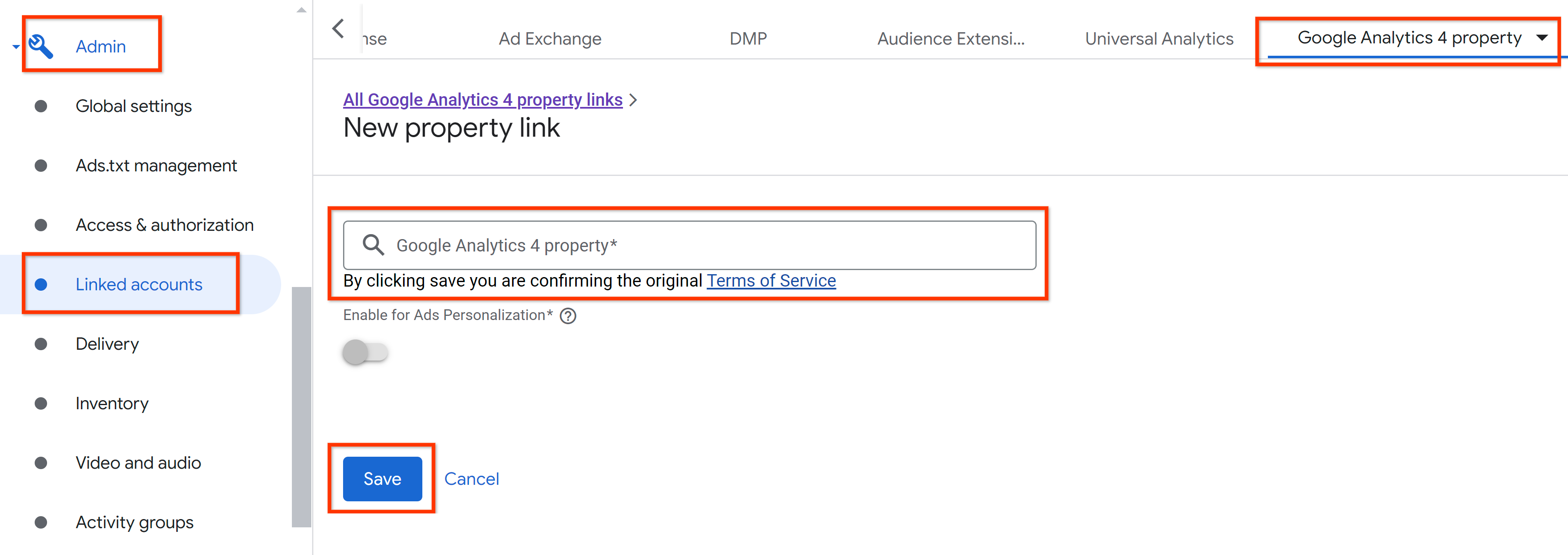 Connecting a GA4 property with Ad Manager.