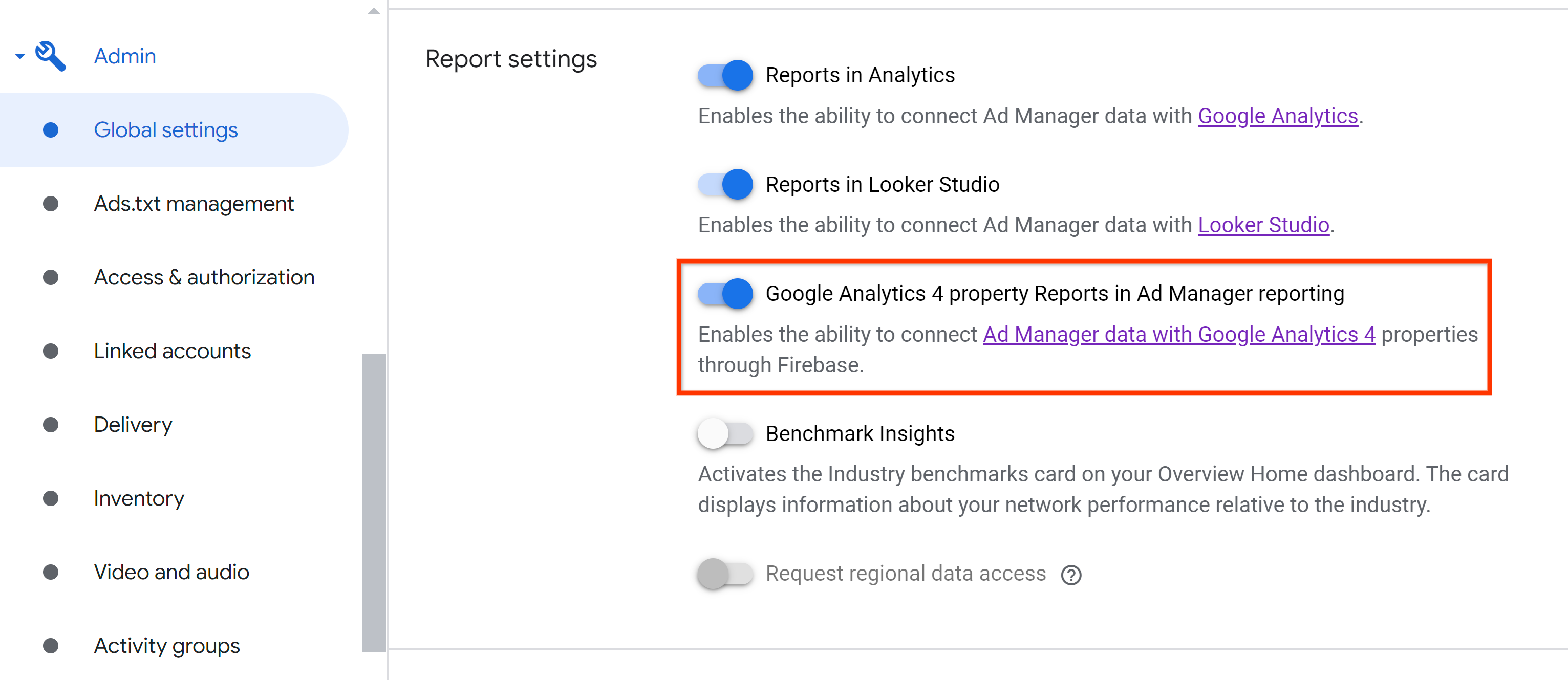 在 Ad Manager 報表中啟用 GA4 資源報表。