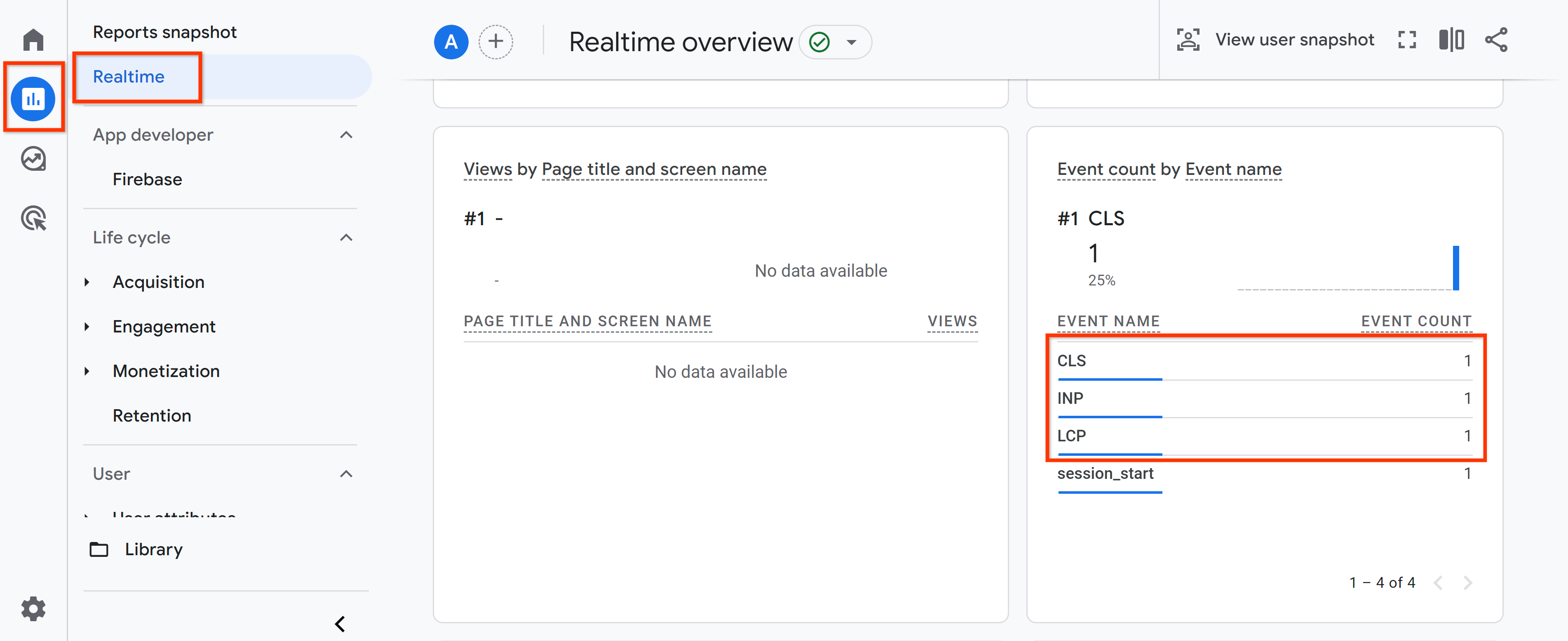 Memeriksa data yang masuk di laporan real-time GA4.