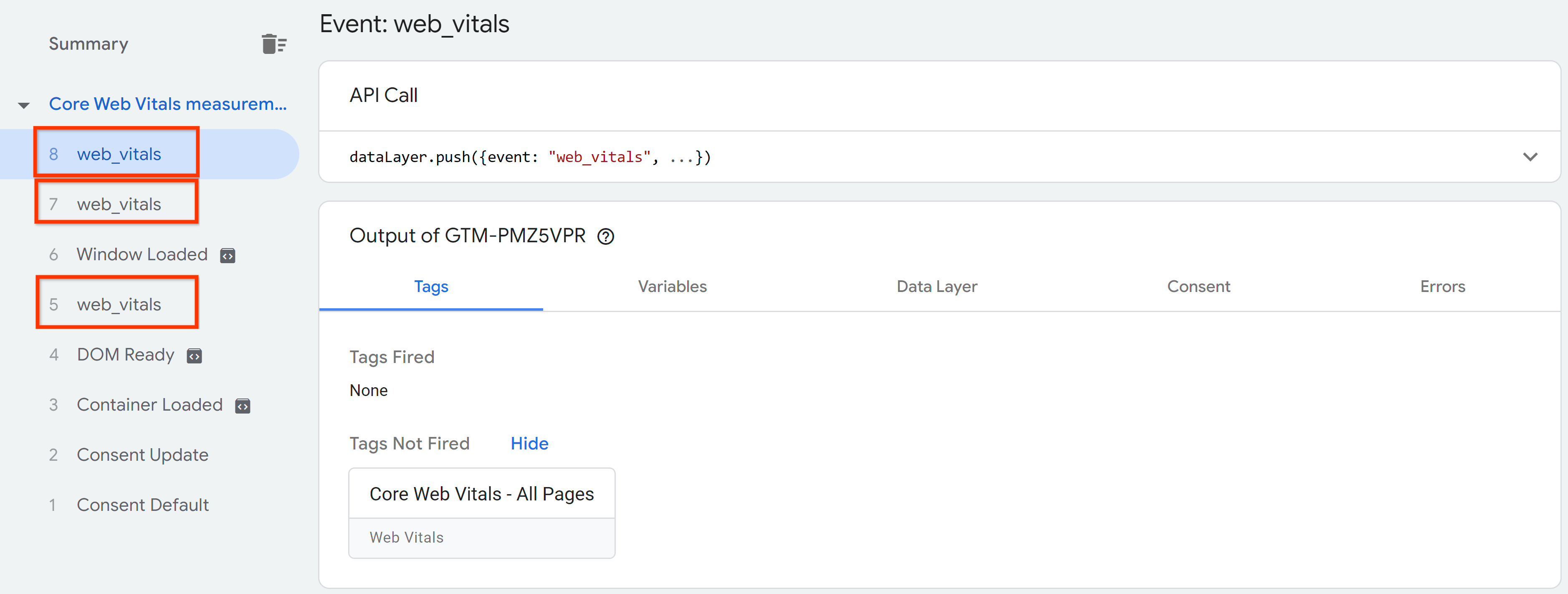 Drei Web Vitals-Ereignisse in der Datenschicht (dataLayer).