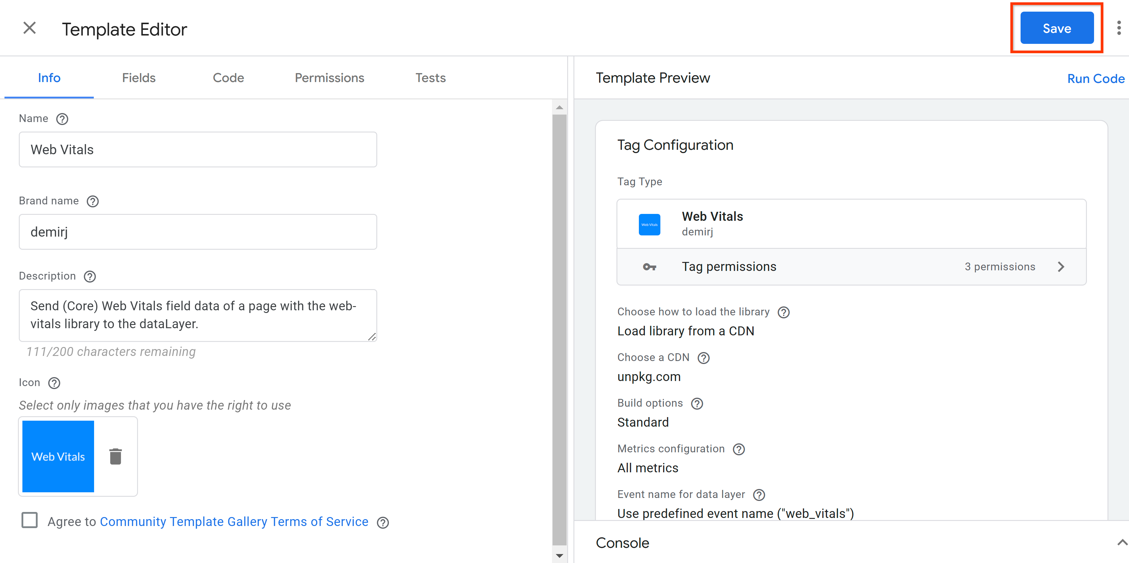 Enregistrement d&#39;un modèle de balise Google Tag Manager...