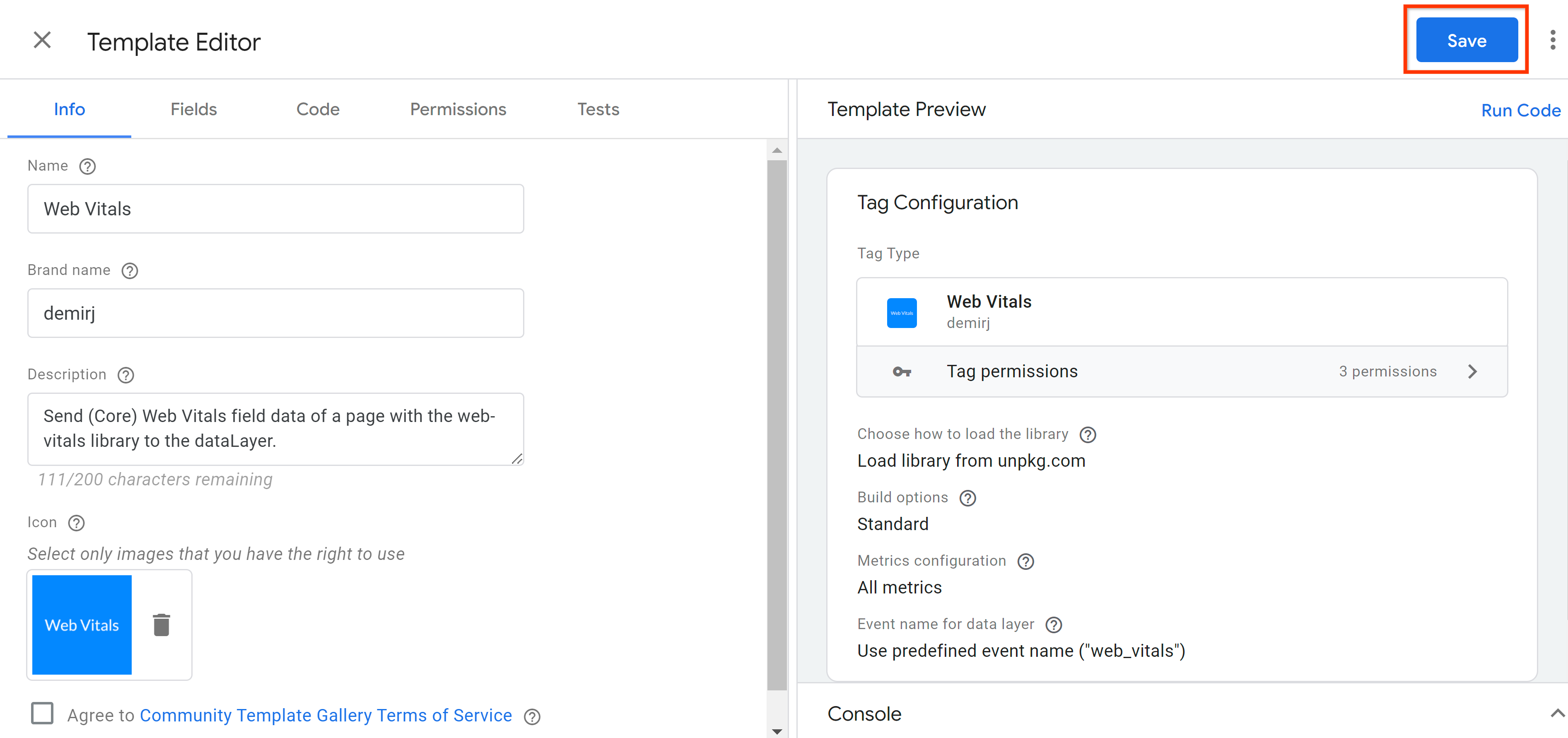 Eine Google Tag Manager-Tag-Vorlage wird gespeichert.