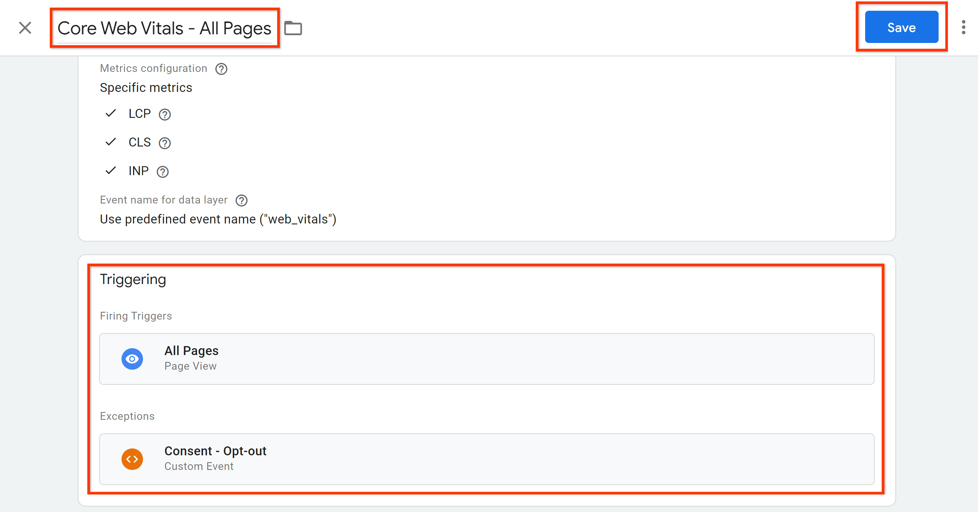 ماشه سفارشی برای برچسب Web Vitals.