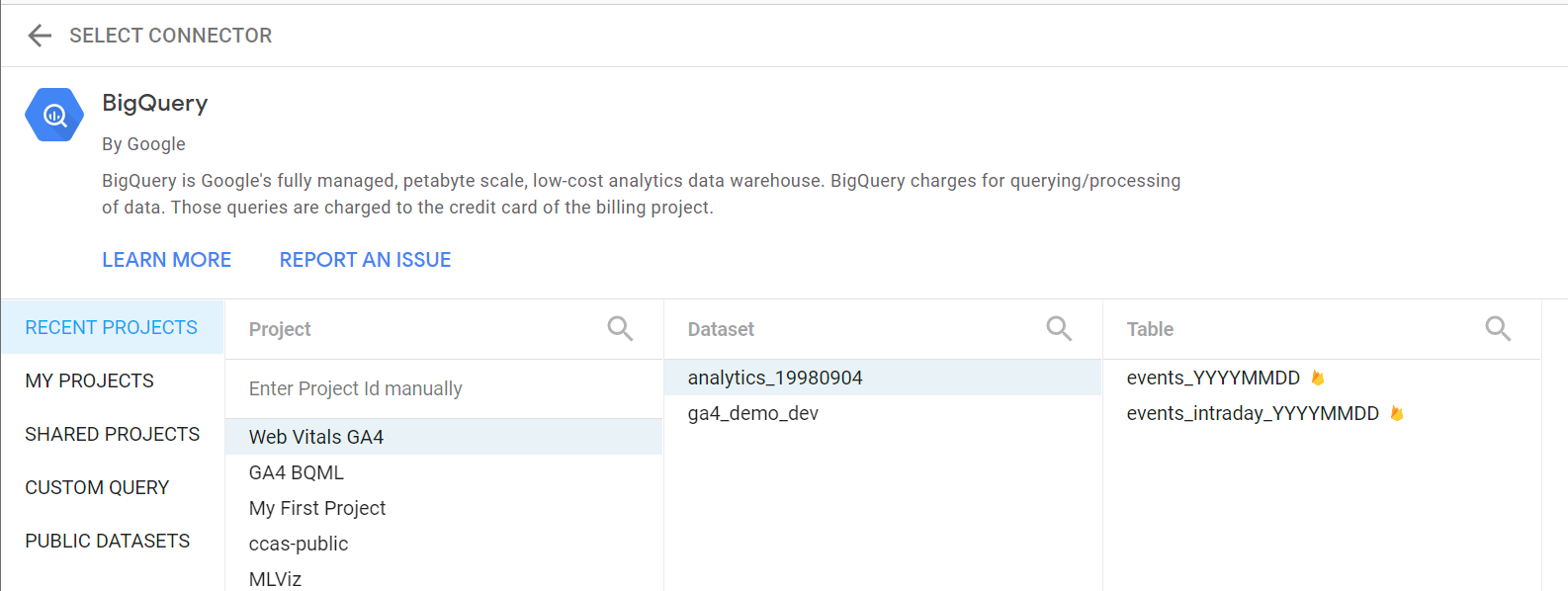 Data Studio में BigQuery के नेटिव कनेक्टर का इस्तेमाल करना