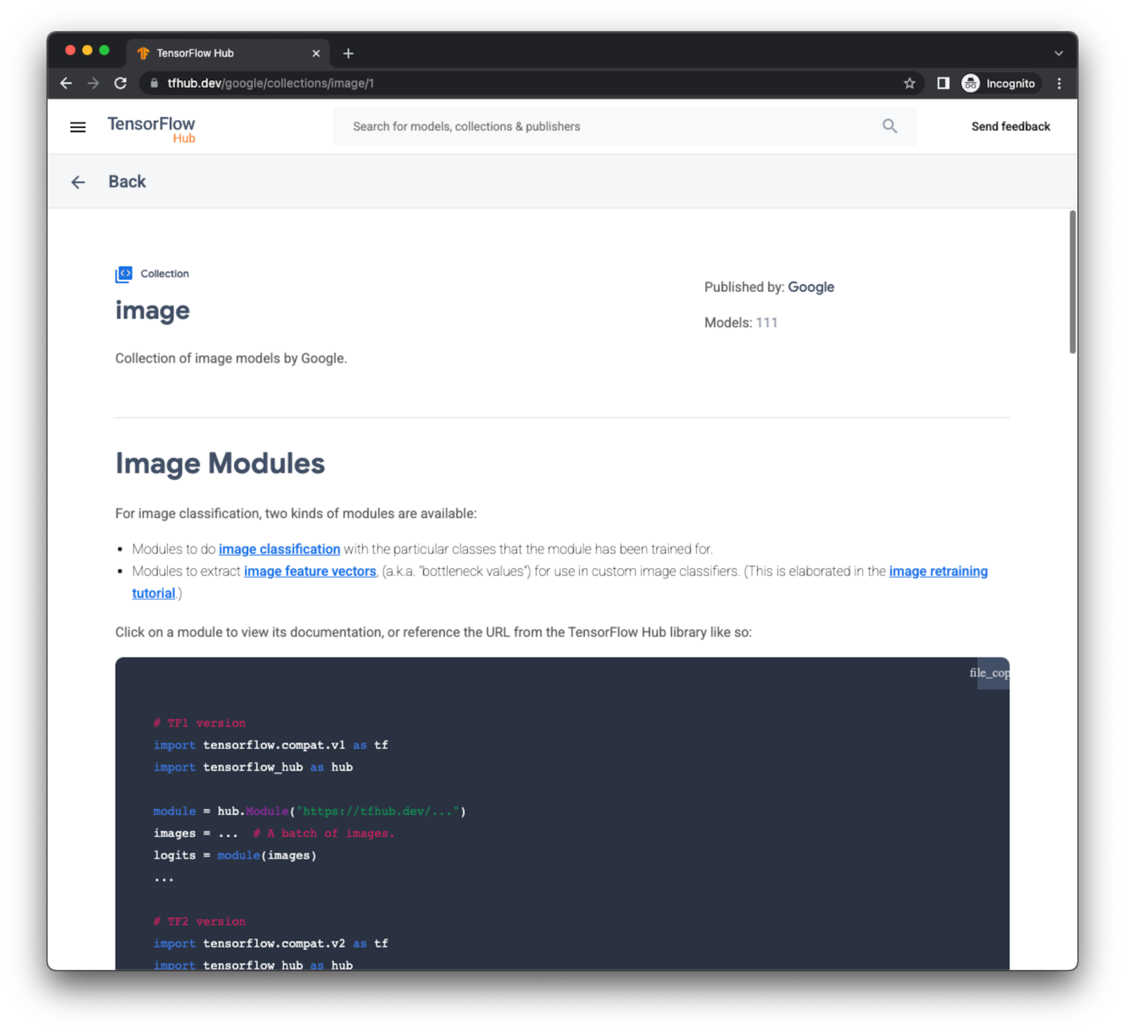 This is the Image collection page from tfhub.dev