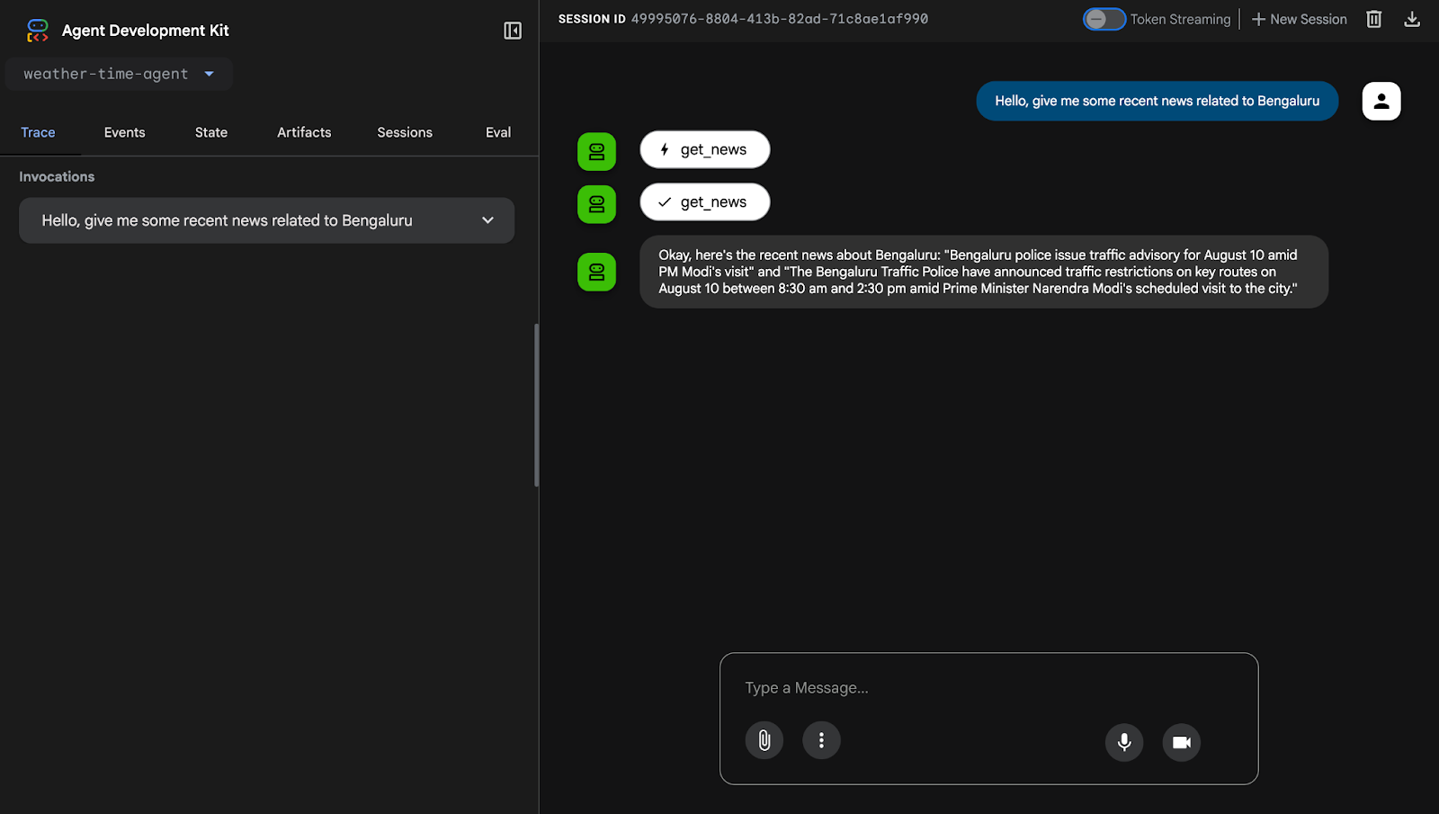 Screenshot of the ADK Web UI